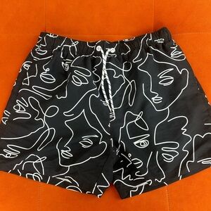 Black and White Abstract Face Print Shorts/Swim Trunks